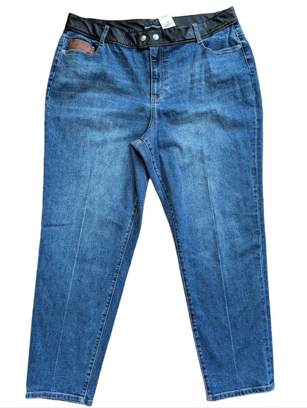 Ashley Stewart Womens Medium Wash Blue Black Faux Leather Waist Jeans NWT Sz 20